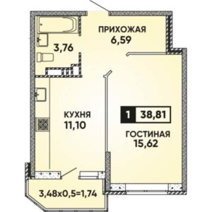 Литер 12 - Планировка однокомнатной квартиры в ЖК Губернский в Краснодаре