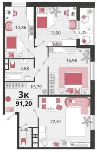 Литеры 1-10 - Планировка трехкомнатной квартиры (и больше) в ЖК Родные Просторы в Краснодаре