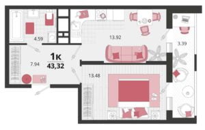 Литеры 22-25 - Планировка однокомнатной квартиры в ЖК Родные Просторы в Краснодаре
