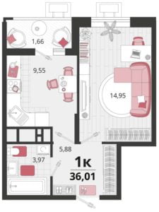 Литеры 1-10 - Планировка однокомнатной квартиры в ЖК Родные Просторы в Краснодаре