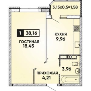 Литер 10 - Планировка однокомнатной квартиры в ЖК Губернский в Краснодаре