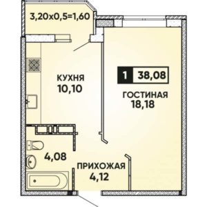 Литер 10 - Планировка однокомнатной квартиры в ЖК Губернский в Краснодаре