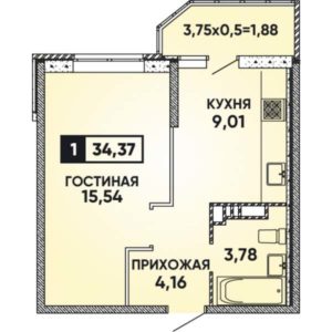 Литер 12 - Планировка однокомнатной квартиры в ЖК Губернский в Краснодаре