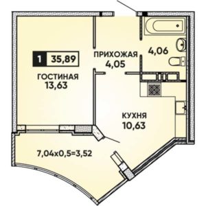 Литер 10 - Планировка однокомнатной квартиры в ЖК Губернский в Краснодаре