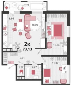 Литеры 1-10 - Планировка двухкомнатной квартиры в ЖК Родные Просторы в Краснодаре