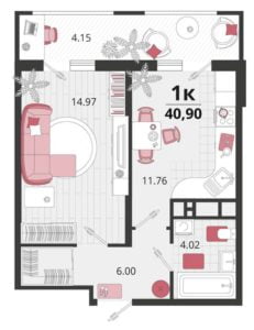 Литеры 22-25 - Планировка однокомнатной квартиры в ЖК Родные Просторы в Краснодаре