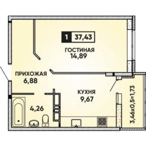 Литер 10 - Планировка однокомнатной квартиры в ЖК Губернский в Краснодаре