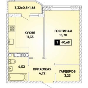 Литер 2 - Планировка однокомнатной квартиры в ЖК Губернский в Краснодаре