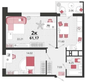 Литеры 22-25 - Планировка двухкомнатной квартиры в ЖК Родные Просторы в Краснодаре