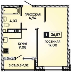 Литер 8 - Планировка однокомнатной квартиры в ЖК Губернский в Краснодаре