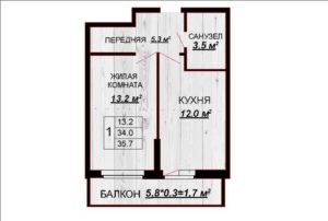 Акварели-2 | Литера 1, 2, 3, 4, 5, 6 - Планировка однокомнатной квартиры в ЖК Акварели в Краснодаре
