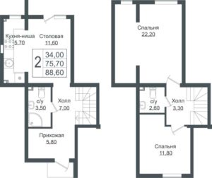 5 квартал | Литер 1, 2, 3 - Планировка двухкомнатной квартиры в ЖК Германия в Краснодаре