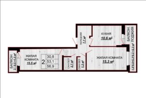 Акварели-2 | Литера 1, 2, 3, 4, 5, 6 - Планировка двухкомнатной квартиры в ЖК Акварели в Краснодаре