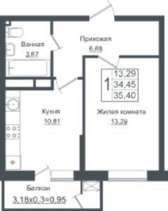 Литер 2, 4, 6, 8 - Планировка однокомнатной квартиры в ЖК Зеленый театр в Краснодаре