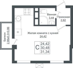 Квартал 5 | Литер 1-7 - Планировка студии в ЖК Европа-Сити в Краснодаре