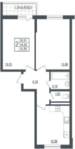 Литер 9 - Планировка двухкомнатной квартиры в ЖК СОГРАТ в Краснодаре