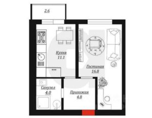 Литер 30-37 - Планировка однокомнатной квартиры в ЖК Новая Португалия в Краснодаре