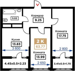 Дом 1 | Этап 1; 2 - Планировка двухкомнатной квартиры в ЖК Сердце в Краснодаре