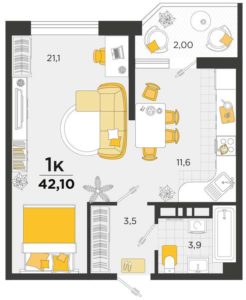 Планировка однокомнатной квартиры в ЖК Сказка Град в Краснодаре