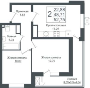 Литер 2, 4, 6, 8 - Планировка двухкомнатной квартиры в ЖК Зеленый театр в Краснодаре