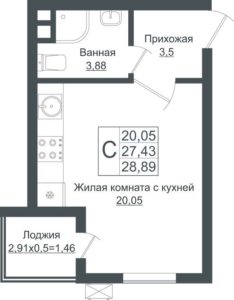 Квартал 5 | Литер 1-7 - Планировка студии в ЖК Европа-Сити в Краснодаре