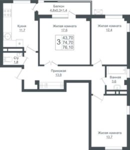 Квартал 5 | Литер 1-7 - Планировка трехкомнатной квартиры (и больше) в ЖК Европа-Сити в Краснодаре