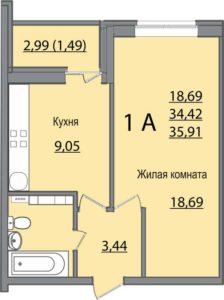 Литер 1-9 - Планировка однокомнатной квартиры в ЖК Славянка в Краснодаре