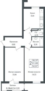 Литер 30-37 - Планировка двухкомнатной квартиры в ЖК Новая Португалия в Краснодаре