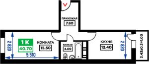 Дом 1 - Планировка однокомнатной квартиры в ЖК Открытие в Краснодаре