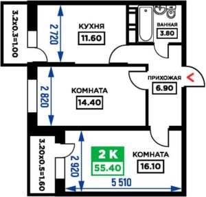Дом 1 - Планировка двухкомнатной квартиры в ЖК Открытие в Краснодаре