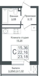 Литер 2, 4, 6, 8 - Планировка студии в ЖК Зеленый театр в Краснодаре