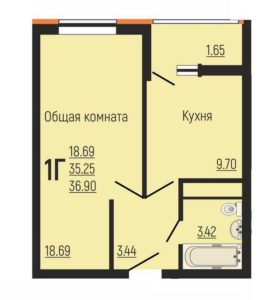 Литер 1-9 - Планировка однокомнатной квартиры в ЖК Славянка в Краснодаре