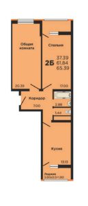 Литер 1-9 - Планировка двухкомнатной квартиры в ЖК Славянка в Краснодаре