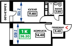 Дом 1 - Планировка однокомнатной квартиры в ЖК Открытие в Краснодаре