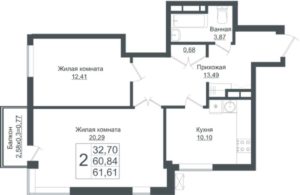 Квартал 5 | Литер 1-7 - Планировка двухкомнатной квартиры в ЖК Европа-Сити в Краснодаре
