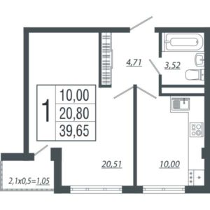 Квартал 5 | Литер 1-7 - Планировка однокомнатной квартиры в ЖК Европа-Сити в Краснодаре