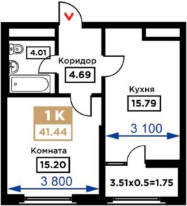 Дом 1 | Этап 1; 2 - Планировка однокомнатной квартиры в ЖК Сердце в Краснодаре
