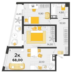 Планировка двухкомнатной квартиры в ЖК Сказка Град в Краснодаре