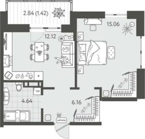 Литер 17 - Планировка однокомнатной квартиры в ЖК Светлоград в Краснодаре