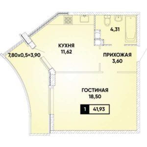 Литер 38 - Планировка однокомнатной квартиры в ЖК Губернский в Краснодаре