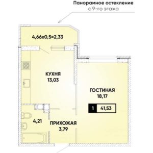 Литер 38 - Планировка однокомнатной квартиры в ЖК Губернский в Краснодаре