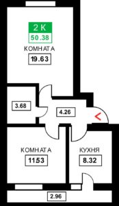 Литер 1-12 - Планировка двухкомнатной квартиры в ЖК Дыхание в Краснодаре
