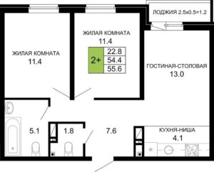 Литер 15; 16; 17 - Планировка двухкомнатной квартиры в ЖК Дыхание в Краснодаре