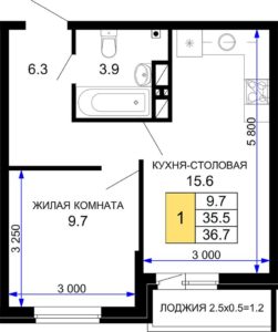 Литер 26; 27; 28; 29; 30 - Планировка однокомнатной квартиры в ЖК Дыхание в Краснодаре