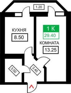 Литер 1-12 - Планировка однокомнатной квартиры в ЖК Дыхание в Краснодаре