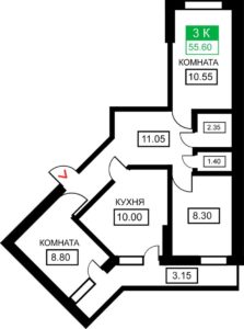 Литер 1-12 - Планировка трехкомнатной квартиры (и больше) в ЖК Дыхание в Краснодаре