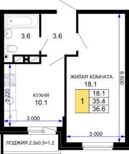 Литер 15; 16; 17 - Планировка однокомнатной квартиры в ЖК Дыхание в Краснодаре