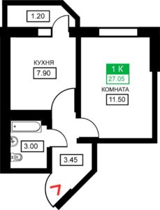 Литер 1-12 - Планировка однокомнатной квартиры в ЖК Дыхание в Краснодаре