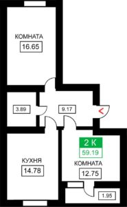 Литер 1-12 - Планировка двухкомнатной квартиры в ЖК Дыхание в Краснодаре