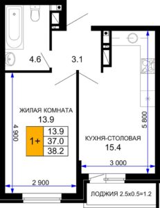 Литер 26; 27; 28; 29; 30 - Планировка однокомнатной квартиры в ЖК Дыхание в Краснодаре